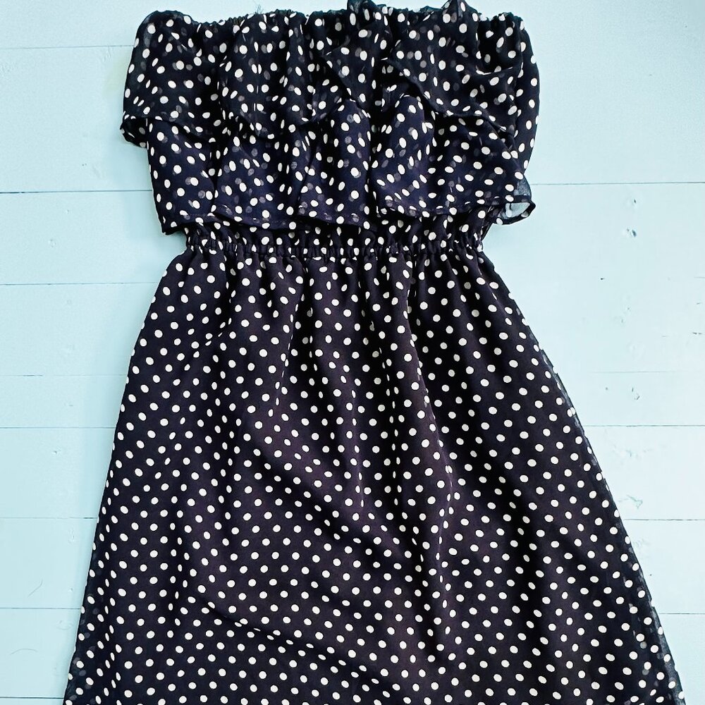 Strapless Polka Dot Dress, Navy White Polka Dots, Ruffled Top, Mini Dress